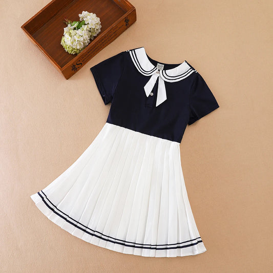 Kinder-Sommerkleid, Marineblau und Weiß, Mädchenkleid im Matrosenstil, kurzärmeliges, plissiertes Kleid mit Kragen und Schleife, Kinder-Schulkleidung