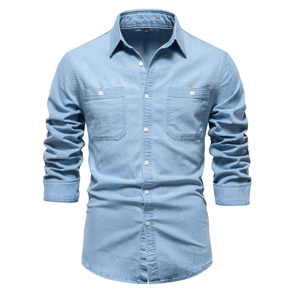 Herren Hemd aus Baumwolle im einfarbigen Denim-Look mit Tasche
