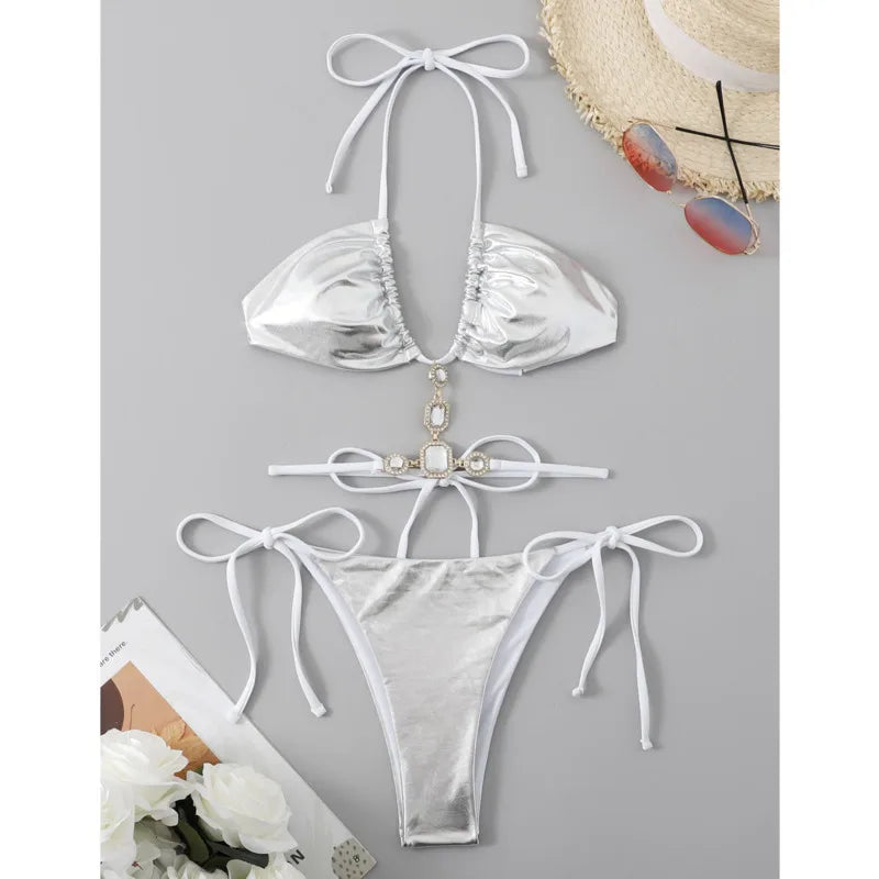 Sexy Bikini-Set mit Strasssteinen und Push-up-Effekt – ideal für Strand und Pool