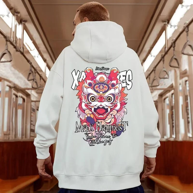 Winter Herren Lion Dance Grafik Pullover Hoodies Y2K Streetwear Fleece Mit Kapuze Sweatshirt Hip Hop Mode Übergroße Hoody Kleidung