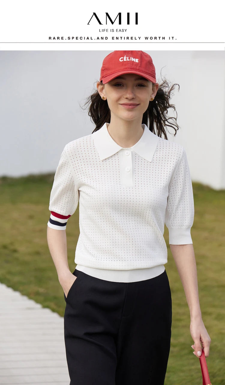 Damen Pullover im Minimalismus-Stil mit Polo-Ausschnitt und Kontrastfarben