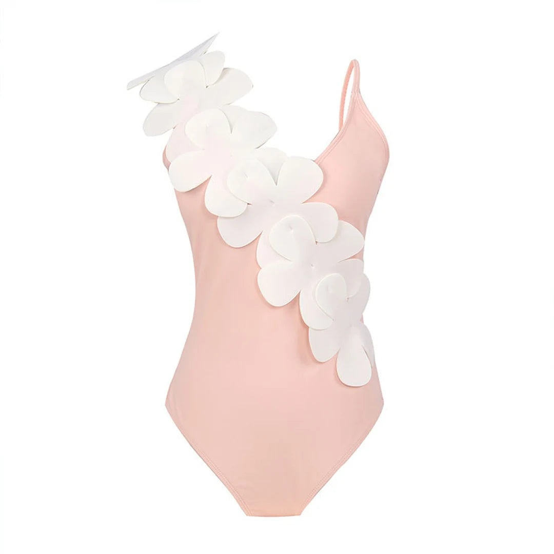 Damen Badeanzug Sarong 3D-Blumen tiefer V-Ausschnitt hoher Beinausschnitt