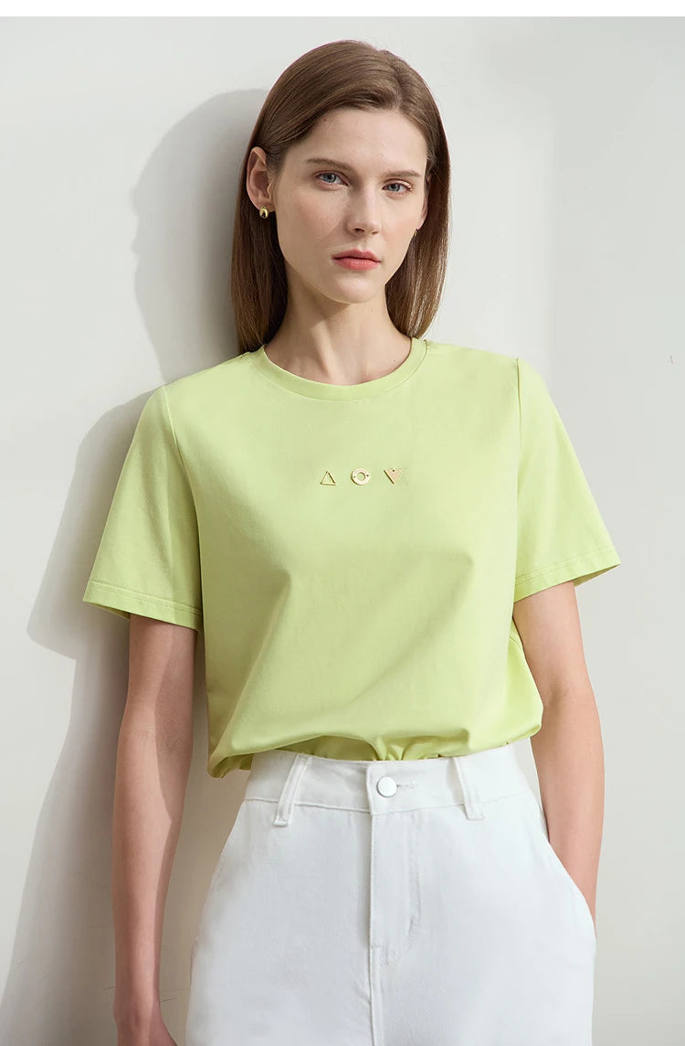 Damen T-Shirt mit O-Ausschnitt und geometrischer Dekoration aus antibakterieller Baumwolle