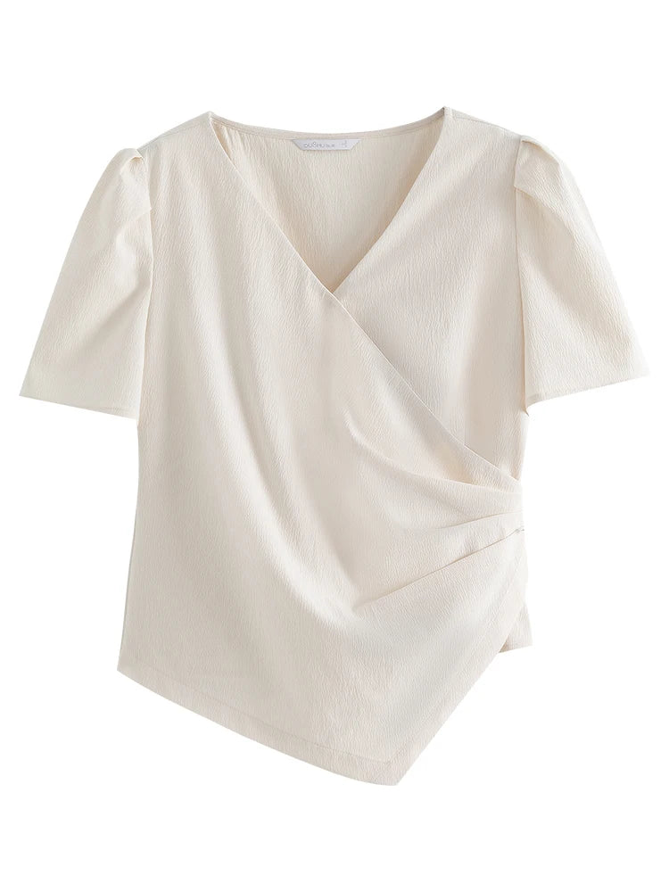 Langarm-Bluse mit V-Ausschnitt und Jacquard-Stoff im chinesischen Stil – einreihig geknöpft in zwei Farben.