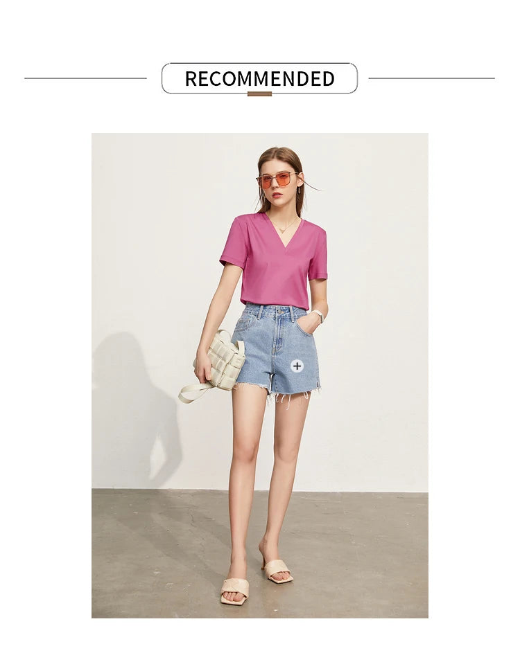Damen Tops im Minimalismus-Stil mit V-Ausschnitt und kurzen Ärmeln
