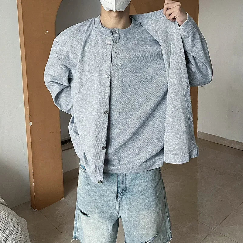 Herbst Vintage gefälschte zweiteilige Sweatshirts für Männer einfarbige Henley Neck Button Jacken koreanische Mode lose y2k Sudaderas