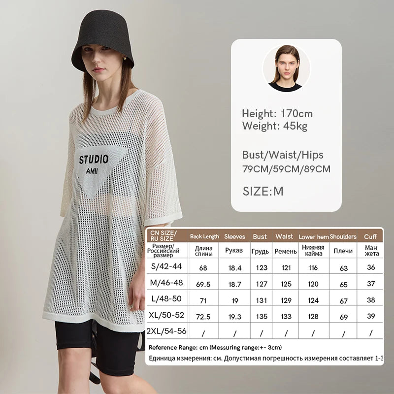 Damen-Rundhalspullover Buchstaben-Jacquard Halbarm locker Sommer