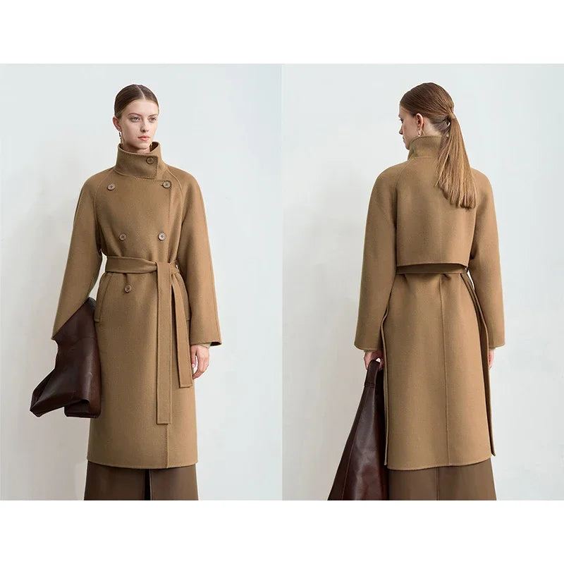 Damen Tweed Mantel im Winter-Look mit Stehkragen und Gürtel