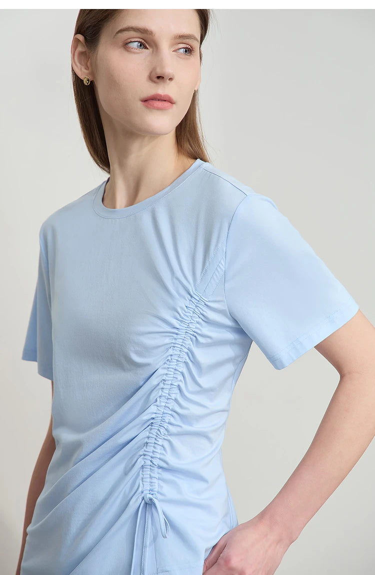 Damen Sommer T-Shirt mit Rundhals und Kordelzug in lässiger Form