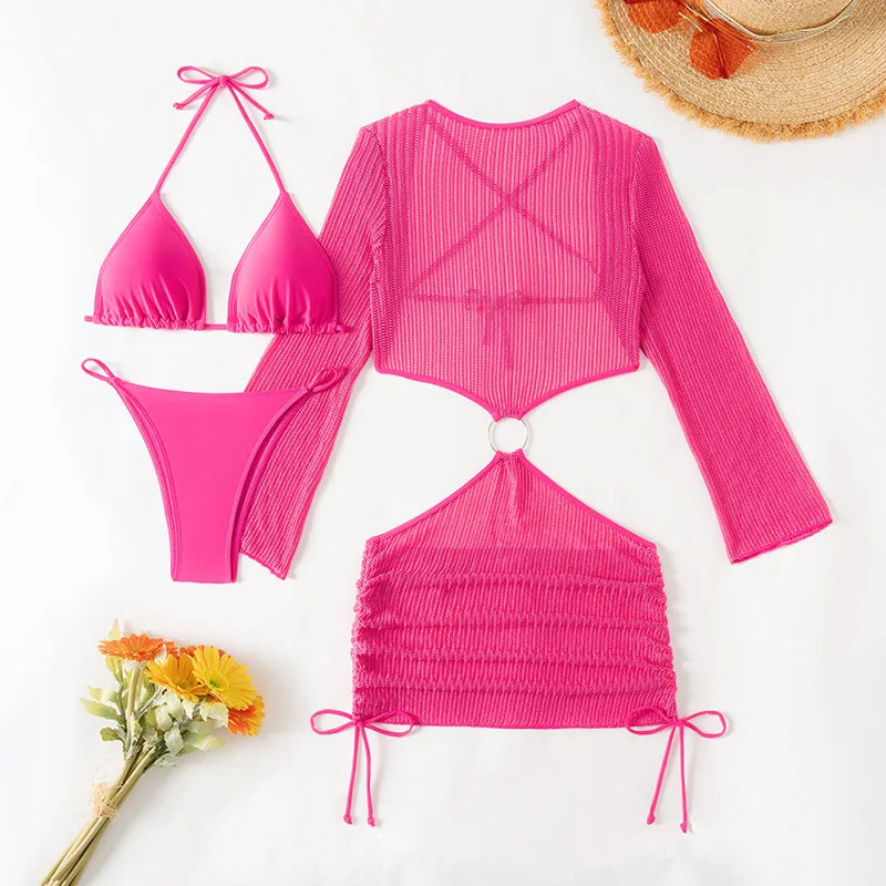 Dreiteiliger Damen-Bikini mit sexy Print und hoch tailliertem Design – ideal für Strand und Pool