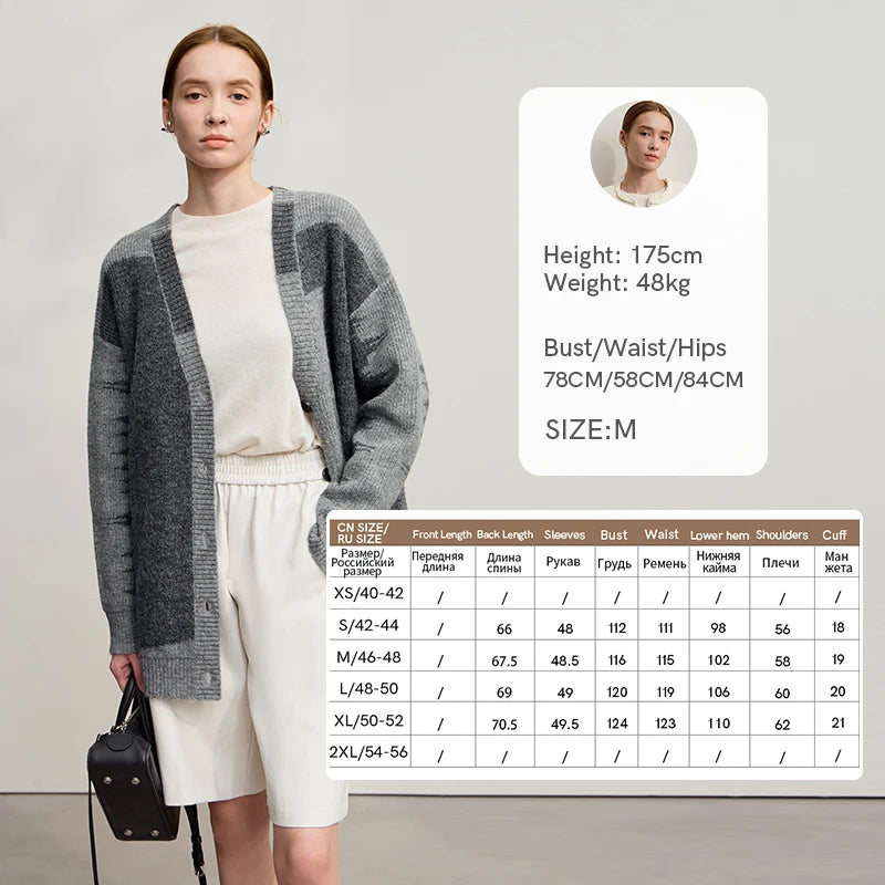 Damen V-Ausschnitt Cardigan lang Patchwork Wolle-Mix Winter