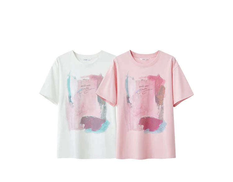 Damen T-Shirts im minimalistischen Stil mit abstraktem Druck für den Sommer