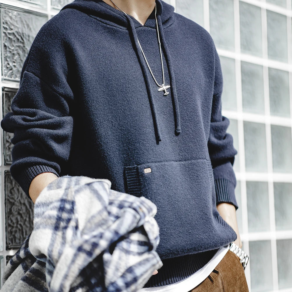 Herren Hoodie aus marineblauem Strick mit lässiger Kapuze für Outwear