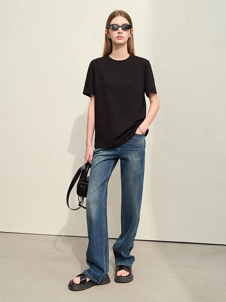 Damen T-Shirts im Minimalismus-Stil mit Kurzarm und Buchstaben-Stickerei