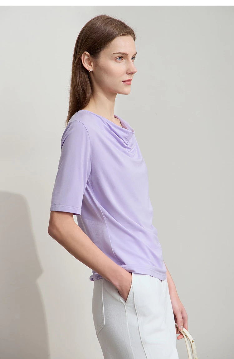 Damen T-Shirt mit drapierter Kragen- und besticktem Design aus modalem Strick
