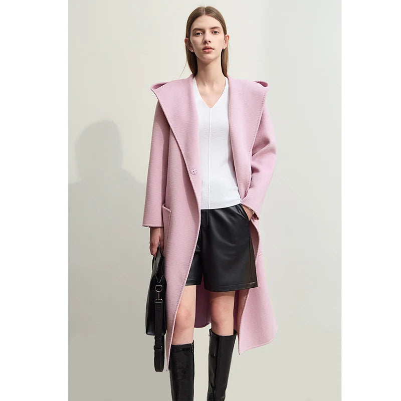 Damen Winter Mantel aus Wolle mit Kapuze und doppeltem Gürtel