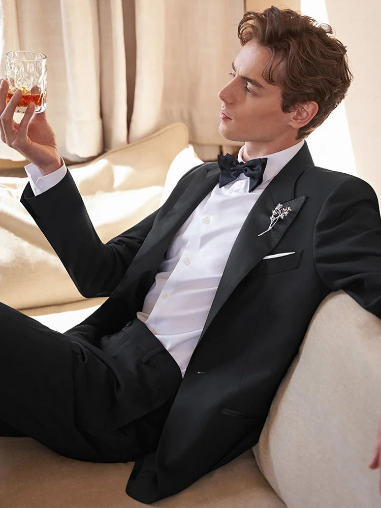 Eleganter Herrenanzug aus 30% Wolle: Schwarzer Slim Fit Ein-Knopf-Blazer für Hochzeiten und Feiern