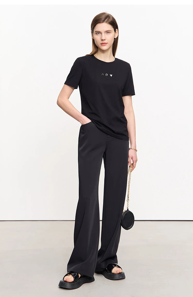 Damen T-Shirt mit O-Ausschnitt und geometrischer Dekoration aus antibakterieller Baumwolle