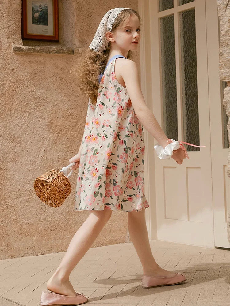Sommerkleid für Mädchen aus 100% Baumwolle mit kurzen Ärmeln und niedlichem blauen Blumenmuster – geeignet für Kinder von 3 bis 14 Jahren (110cm-170cm)
