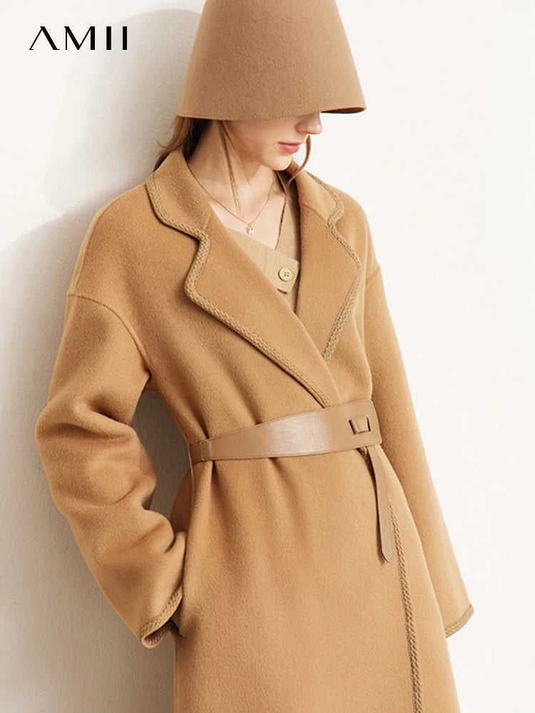 Damen Wollmantel im eleganten Retro-Stil mit Gürtel und Revers