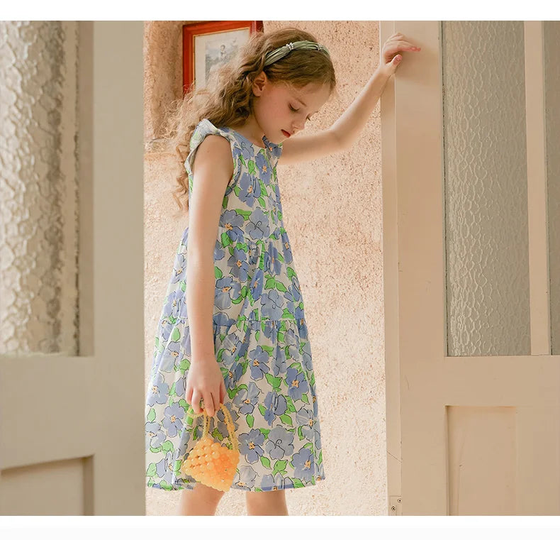 Langärmliges Prinzessinnenkleid aus Gaze in Tiefblau und Rot für Mädchen – Perfekt für Geburtstagsfeiern und Hochzeiten (3-14 Jahre)
