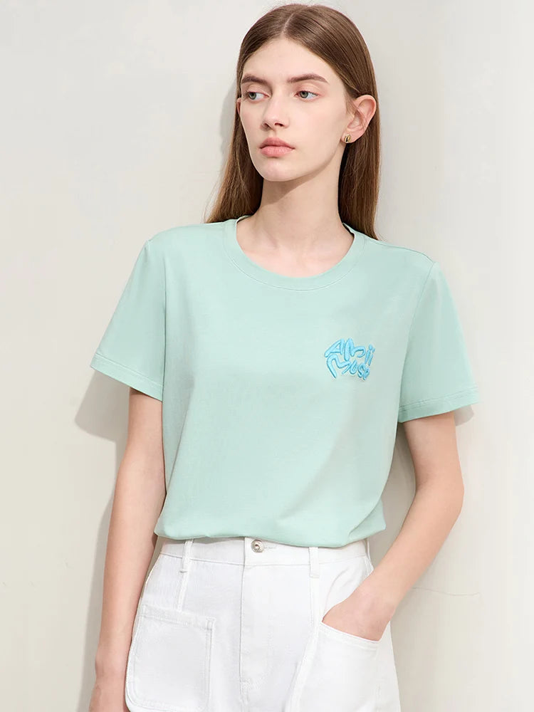Damen T-Shirt im Minimalismus-Stil mit O-Ausschnitt und Stickerei