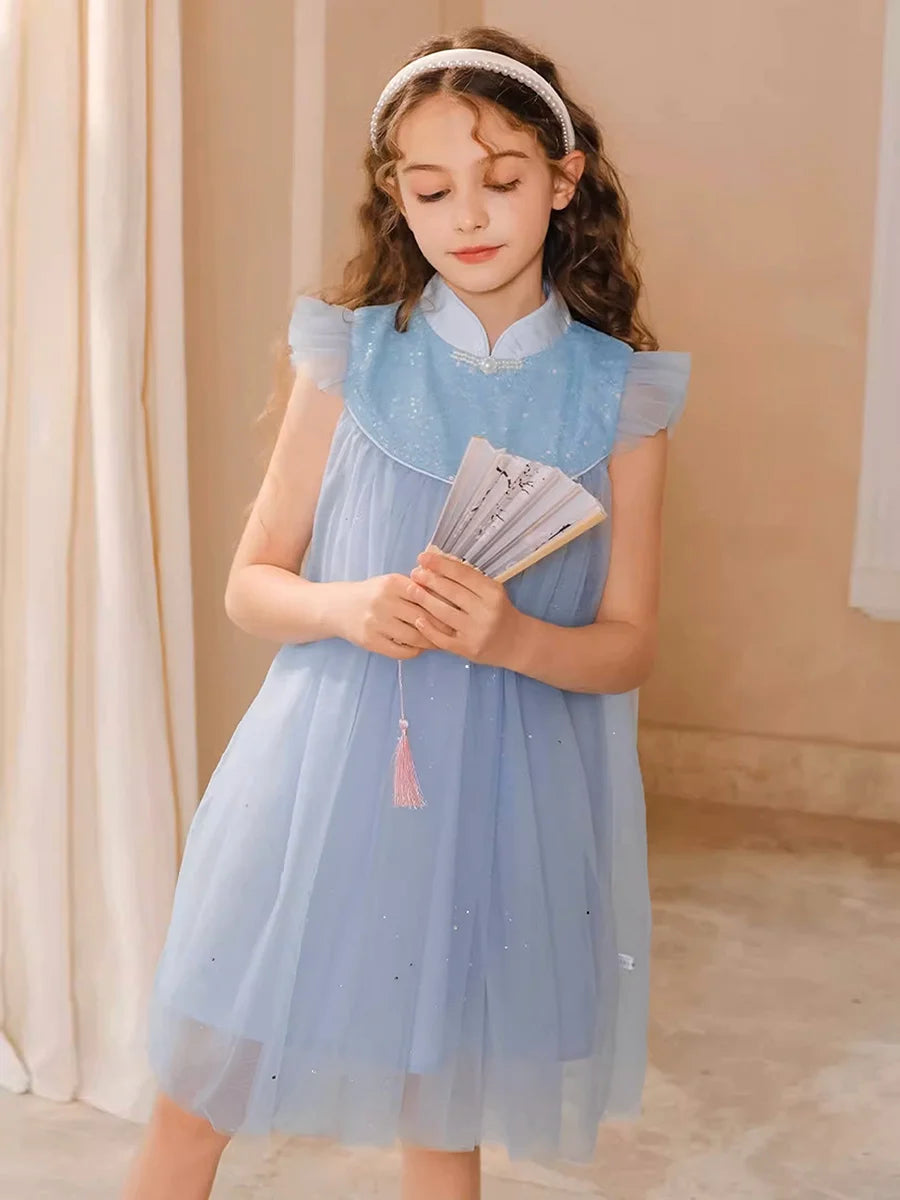 Ärmelloses Sommerkleid für Mädchen mit Blumenmuster und Pailletten – ideal für Hochzeiten und Geburtstagsfeiern