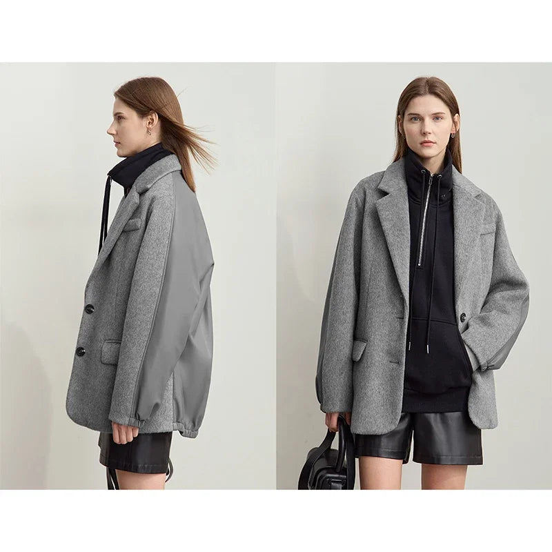 Damen Wollmantel im Minimalismus-Stil mit Knopf und verstärkter Dekoration