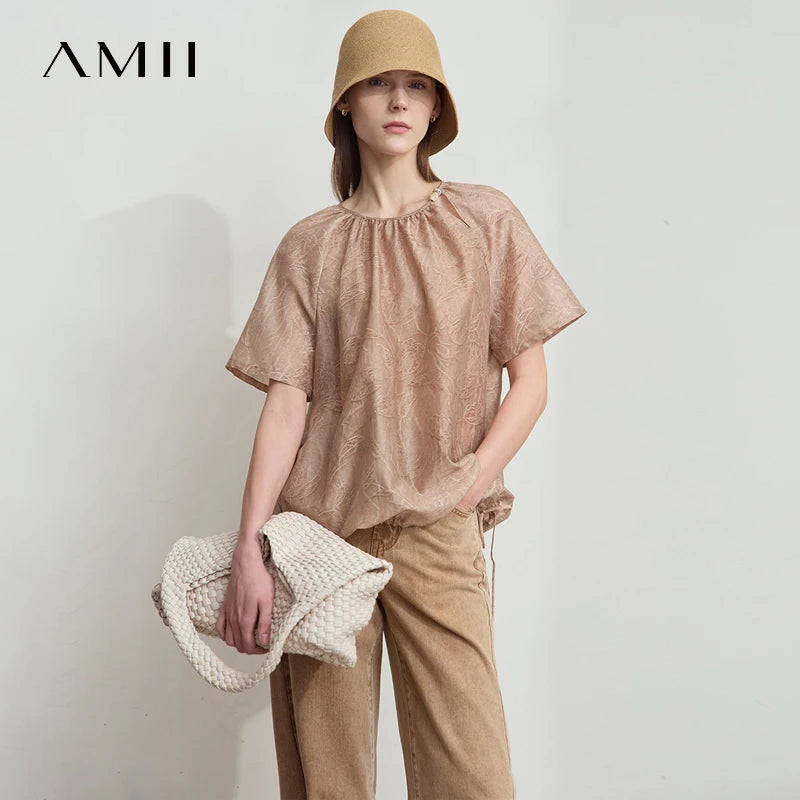 Damen T-Shirt im minimalistischen Sommer-Stil mit Kordelzug und Rundhalsausschnitt