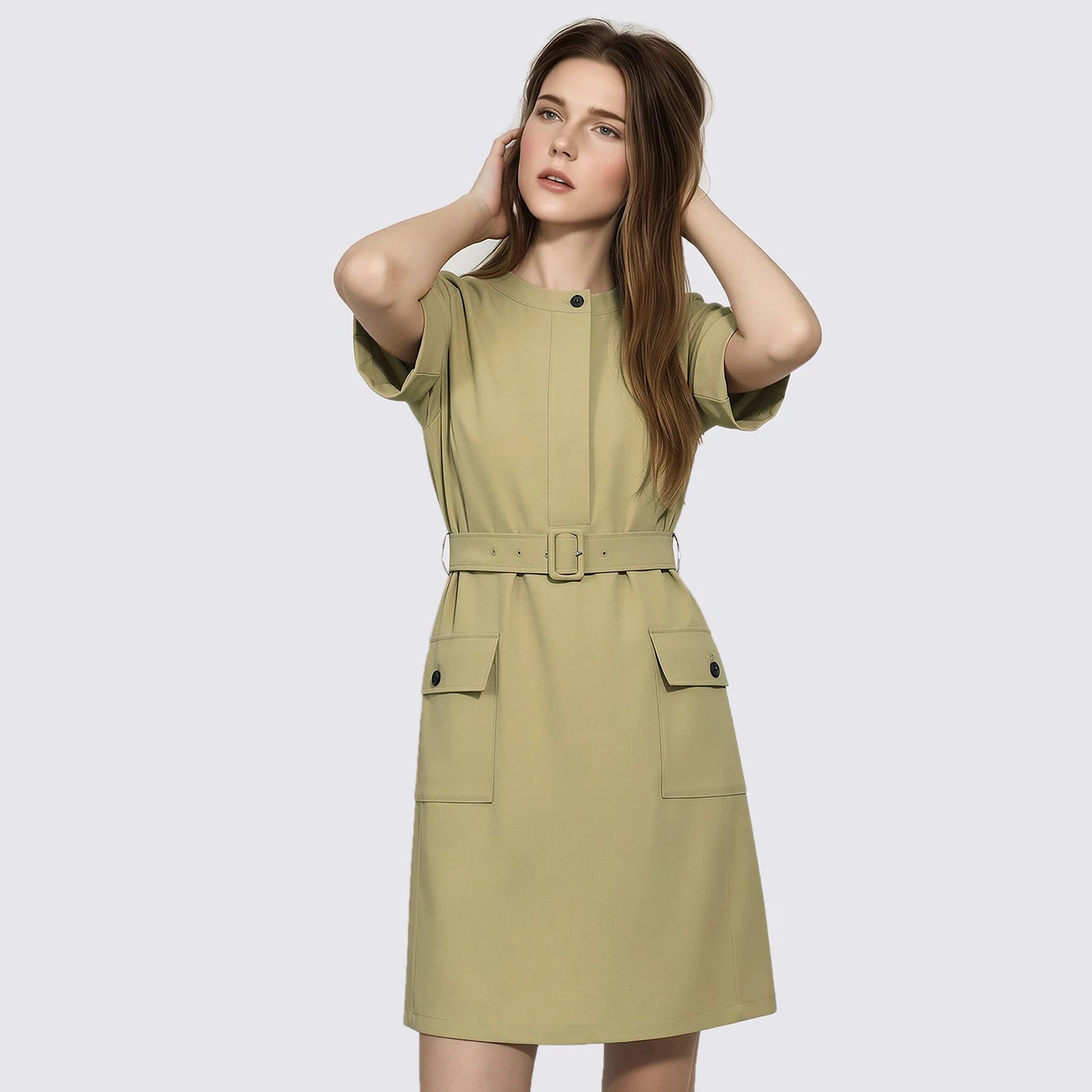 Knitterfreies Elegantes Damenkleid Mit Gurt Für Bürodamen