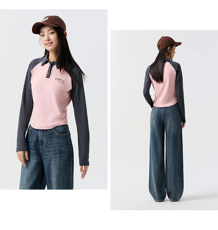Semir Poloshirt für Damen, kurzer Stil, schmal, farbblockiert, Raglanärmel, 2024, Frühjahr, neues Oberteil mit Buchstabendruck