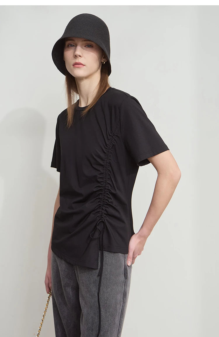 Damen Sommer T-Shirt mit Rundhals und Kordelzug in lässiger Form