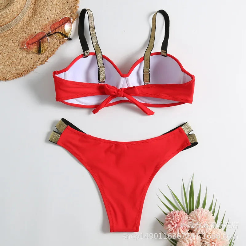 Sexy Bikini-Set in Rosenrot mit Strasssteinen – Push-Up-Badeanzug für Damen am Strand oder Pool
