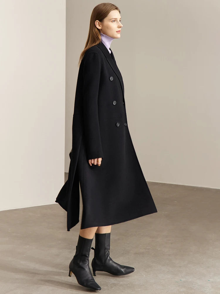 Damen Wollmantel im minimalistischen Stil mit zweireihigem Knopfverschluss