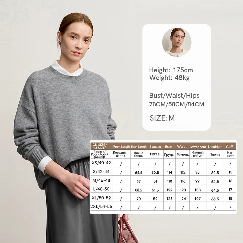 Damenstrickpullover mit Rundhalsausschnitt, locker fallend, lange Ärmel, grauer Strick