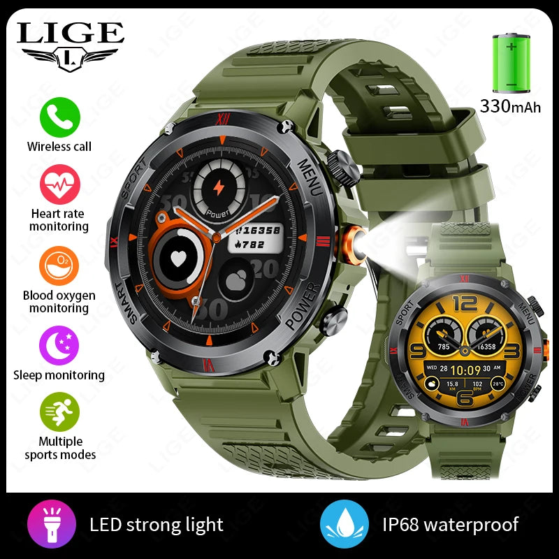 LIGE 2025 Neue Outdoor Smartwatch LED Taschenlampe Männer IP68 Wasserdichte Bluetooth Anruf Sport Fitness Track Smart Uhr Für Xiaomi