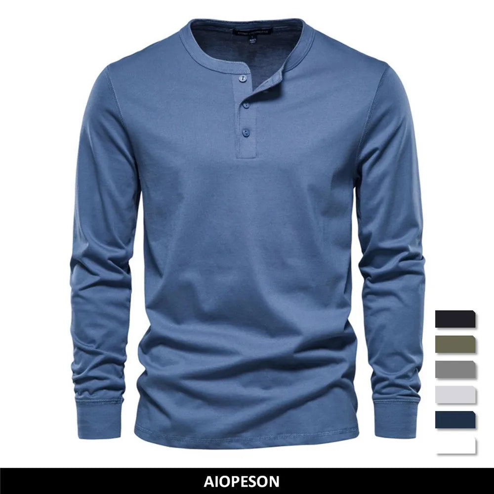 Herren Langarm T-Shirt mit Henley-Kragen im einfarbigen Casual-Stil