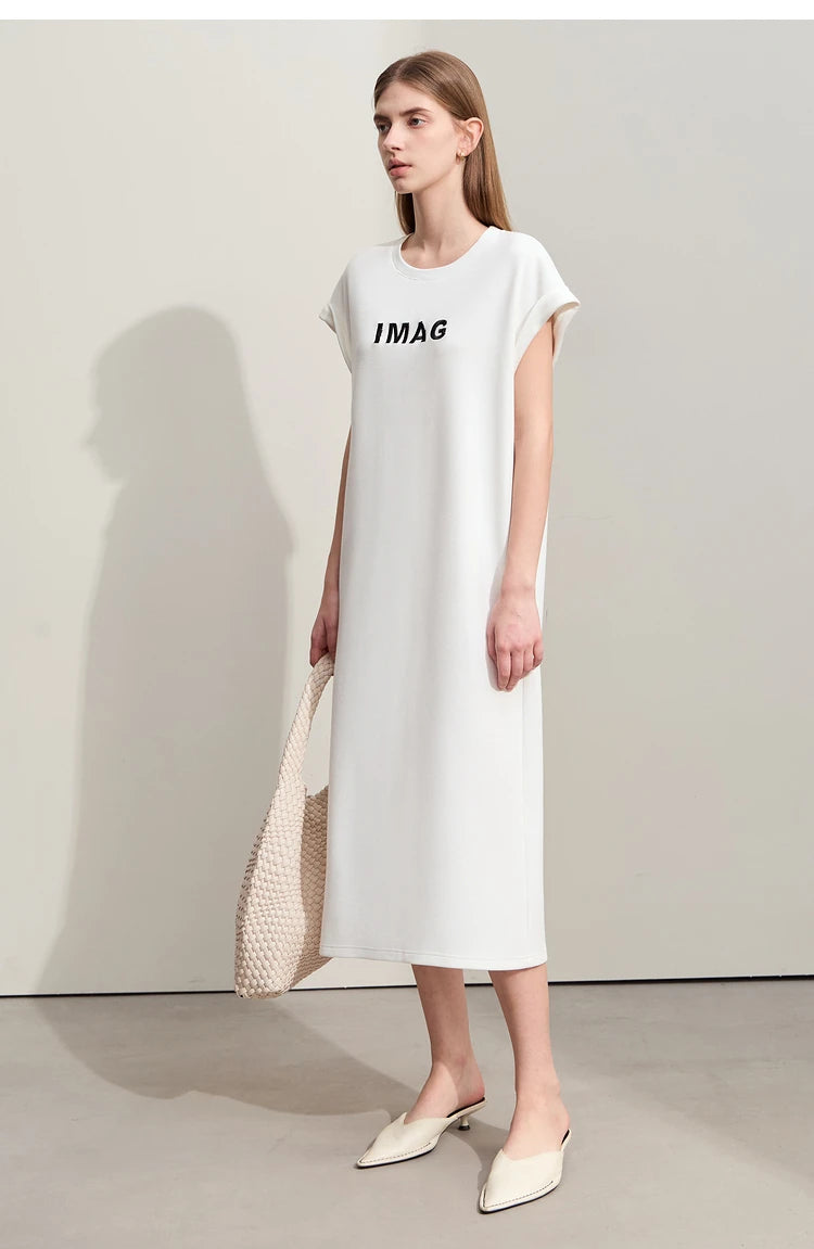 Damen Kleid für Sommer neue lässige O-Ausschnitt Kurzarm Midi gerade Perlen Stickerei Kleid Dame