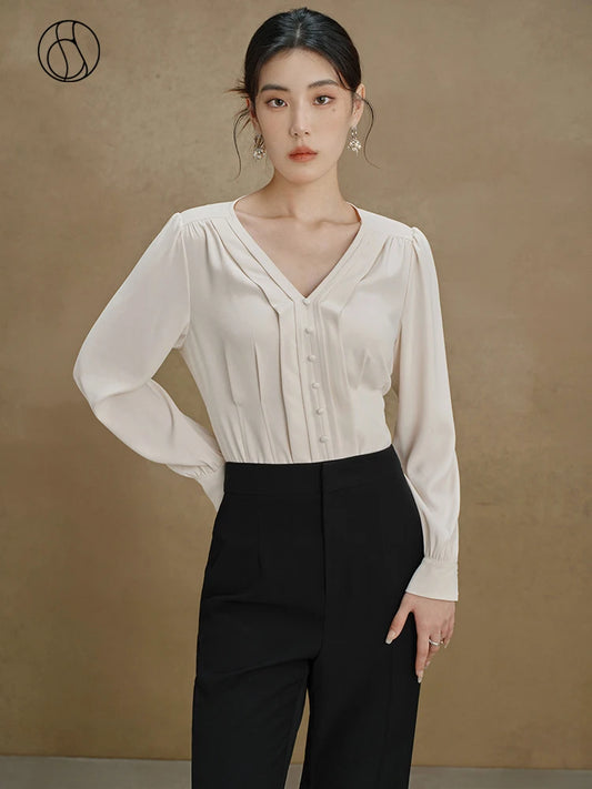 Elegante Damenbluse mit V-Ausschnitt – Schlanke Passform in Gelb oder Blau für stilvolle Herbst-Looks