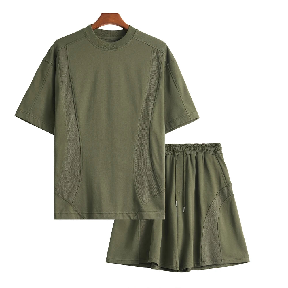 Männer Sport Anzug mit einfarbigem Rundhals T-Shirt und Kordelzug Shorts