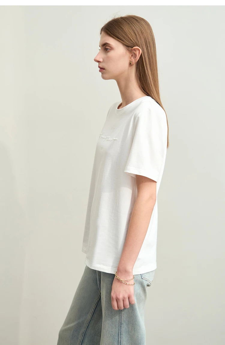 Damen T-Shirts im Minimalismus-Stil mit Kurzarm und Buchstaben-Stickerei