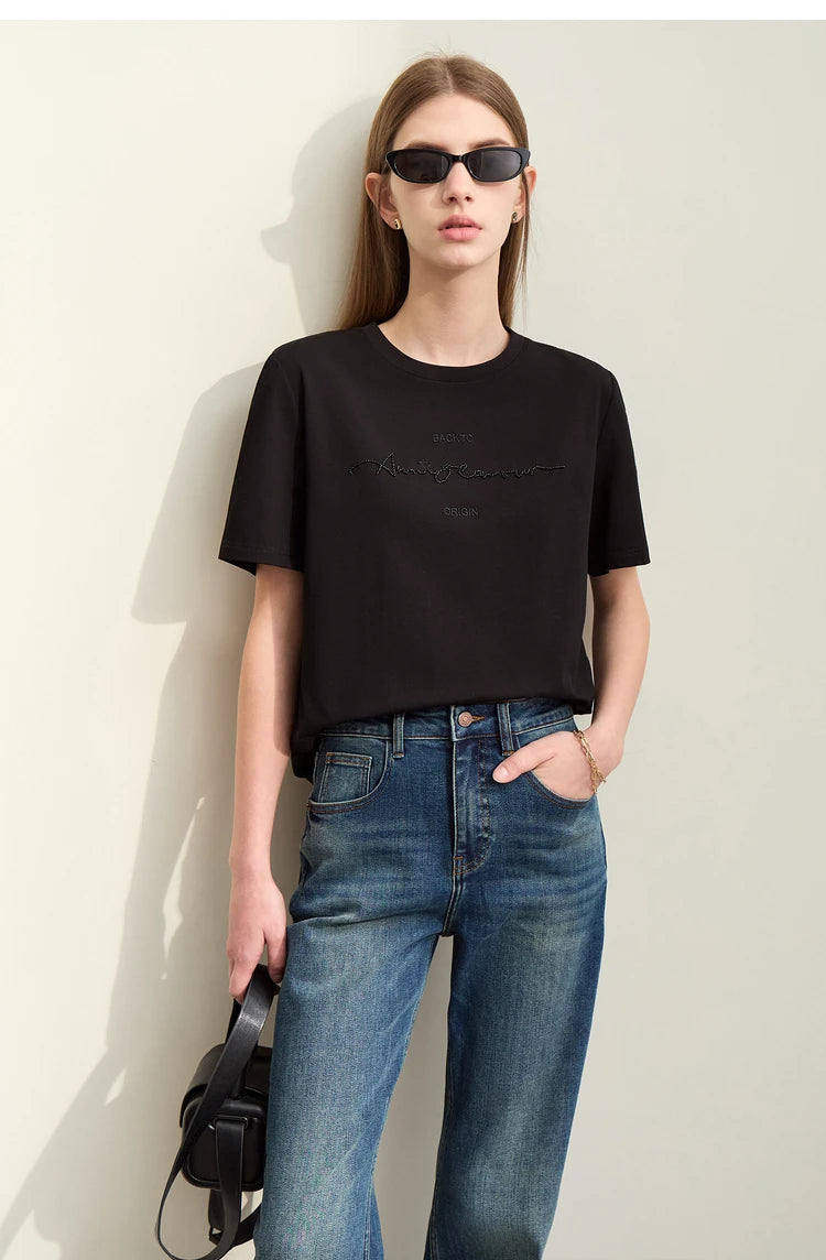 Damen T-Shirts im Minimalismus-Stil mit Kurzarm und Buchstaben-Stickerei