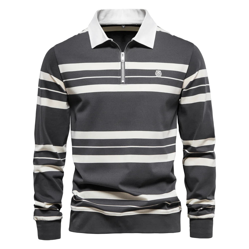 Herren Langarm Polo Shirt aus Baumwolle mit gestreiftem Reißverschluss