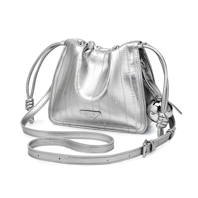 Damen Schultertasche Aus Synthetischem Leder+Split-Leder Mit Kordelzug
