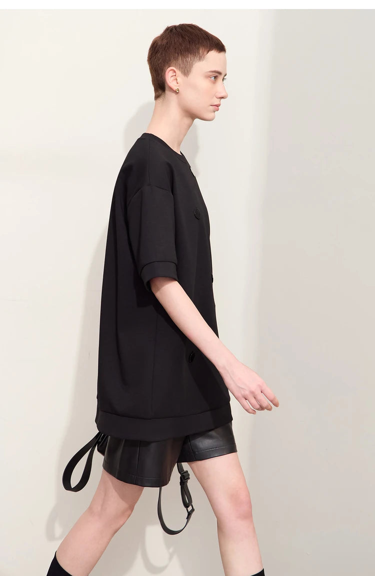 Damen T-Shirts im Minimalismus-Stil mit losem Patchwork und Dekoration