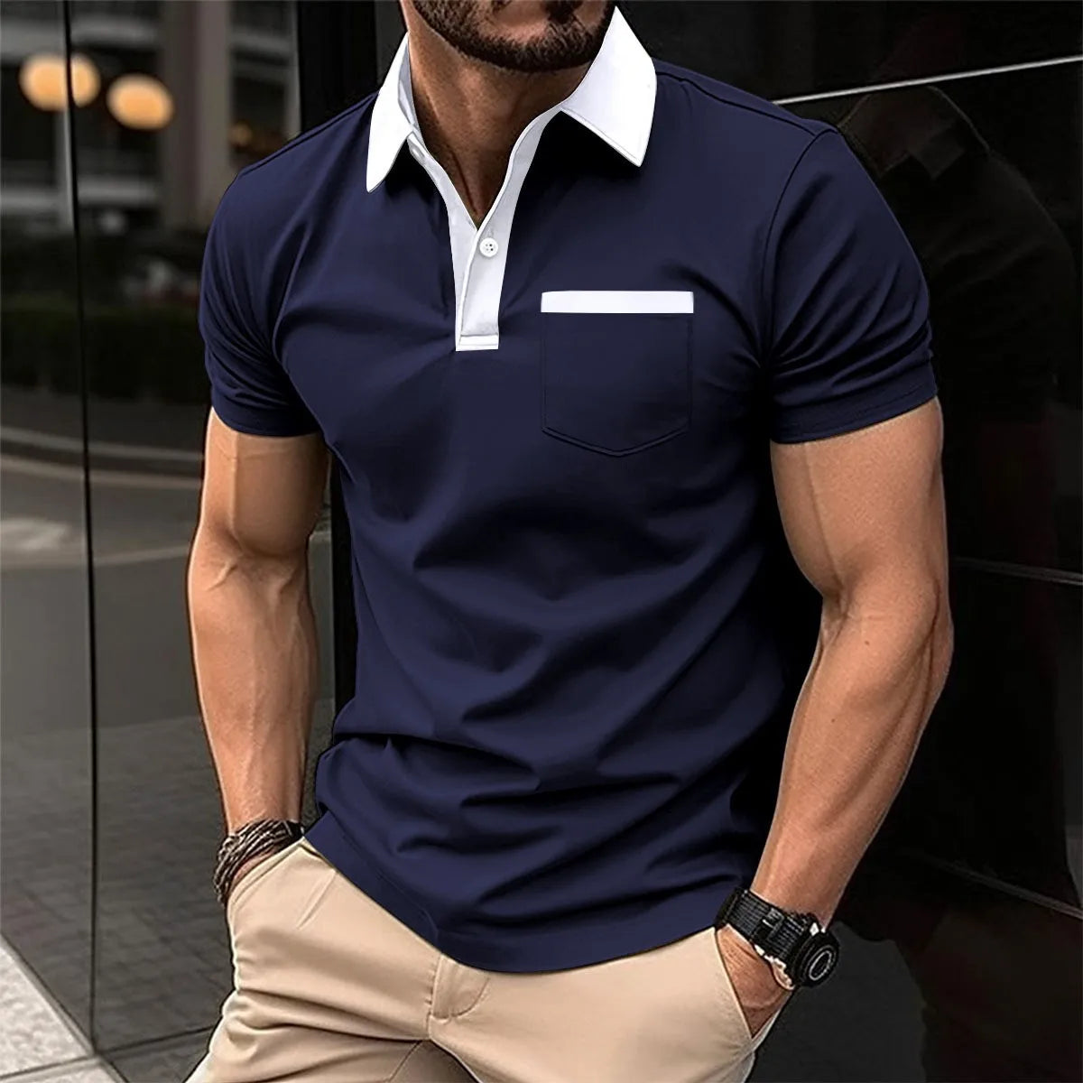 Herren-Casual-Poloshirt mit V-Ausschnitt und Knopfleiste – gestreiftes, vielseitiges Business-T-Shirt