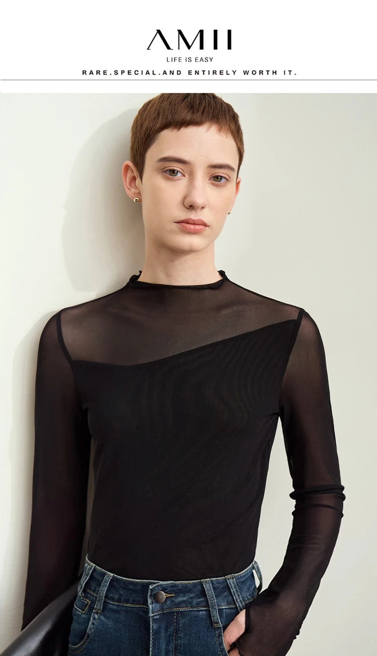 Damen Mesh-T-Shirt im minimalistischen Design mit halbhohem Ausschnitt