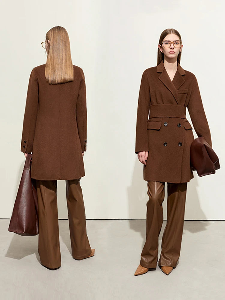 Damen mittellange Jacke aus modischer Wolle mit Gürtel und Reversmänteln