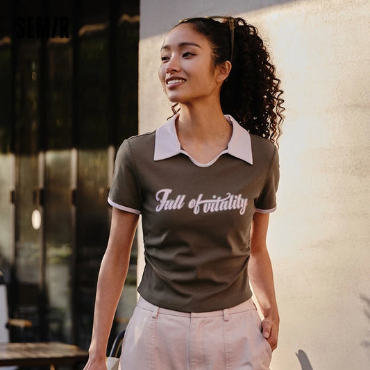 Semir Polo Shirt Frauen kurze sorgfältige Maschine Kollision Farbe 2024 neue Sommer amerikanische Retro Brief engen Pullover