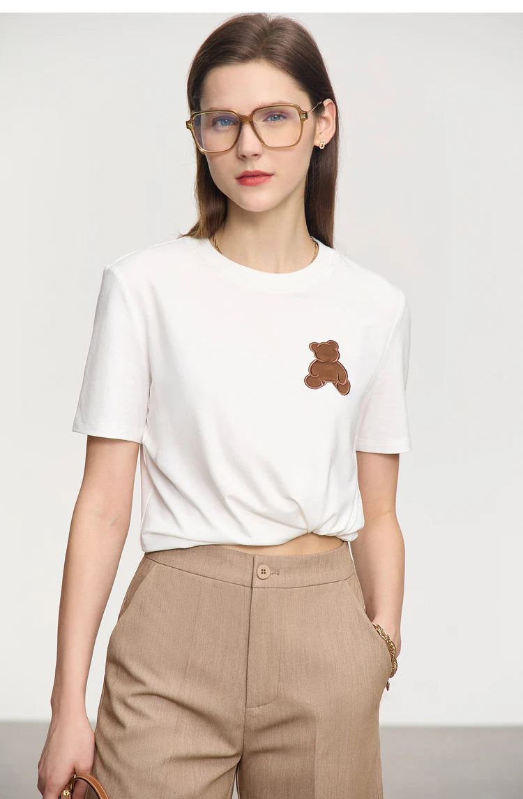 Damen Top im minimalistischen Stil mit Bären-Applikation und O-Ausschnitt